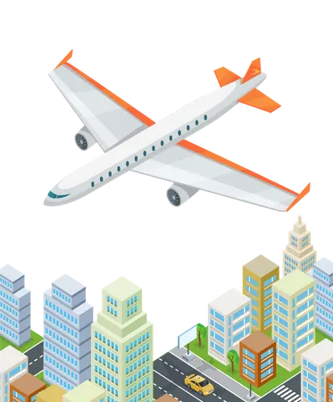 Avion survolant la ville  Illustration