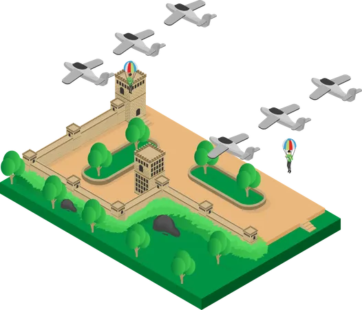 Aviones de combate y paracaidistas sobre el fuerte.  Ilustración