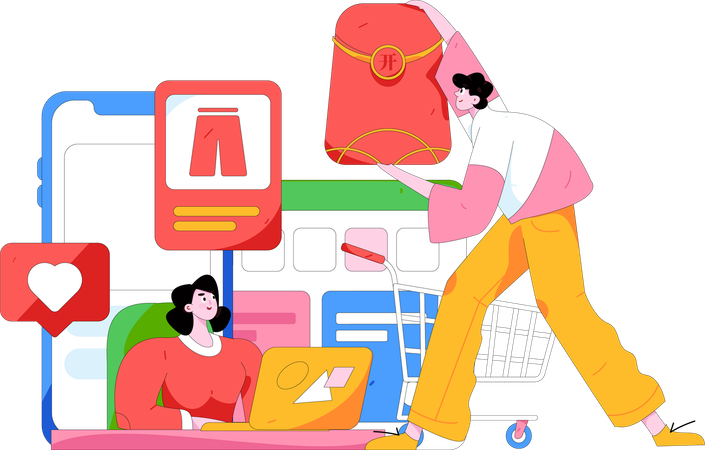 Une femme évalue les produits en ligne  Illustration