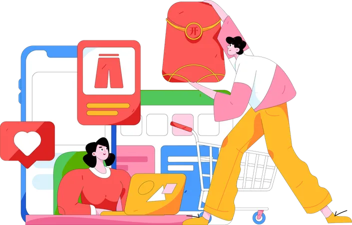 Une femme évalue les produits en ligne  Illustration