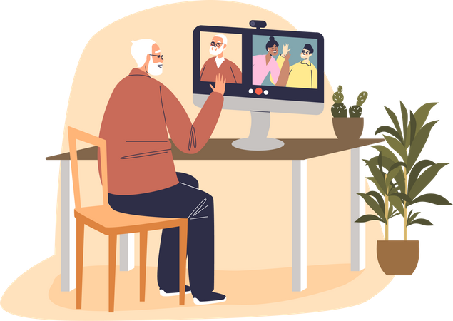 Avô conversando com crianças em videochamada  Ilustração