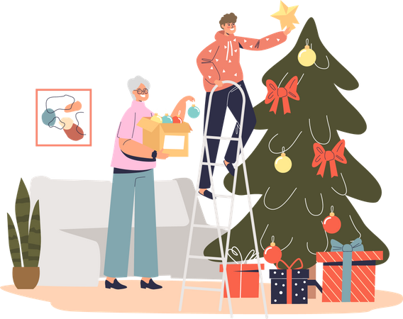 Avó decorando a árvore de natal junto com o neto pendurando uma estrela no topo do pinheiro  Ilustração