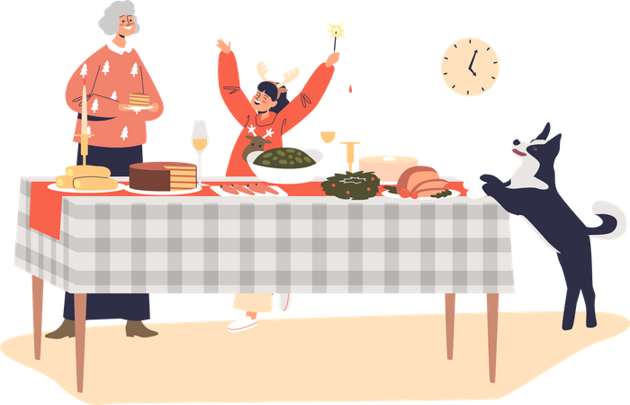 Avó e menina servindo mesa para o natal  Ilustração