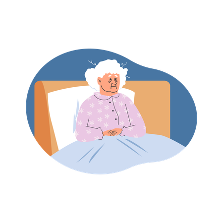 Avó exausta de pijama sentada na cama  Ilustração