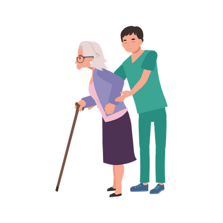 Assistência de caminhada para avó idosa por enfermeiro feliz de uniforme  Ilustração
