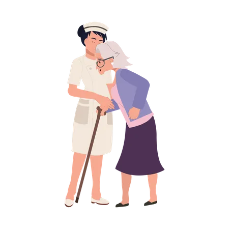 Assistência de caminhada para avós idosas por uma enfermeira feliz de uniforme  Ilustração
