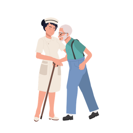 Assistência de caminhada do avô idoso por uma enfermeira feliz de uniforme  Ilustração