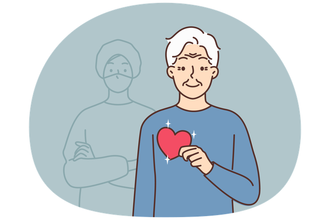 Avô idoso com o coração nas mãos se sente grato  Ilustração