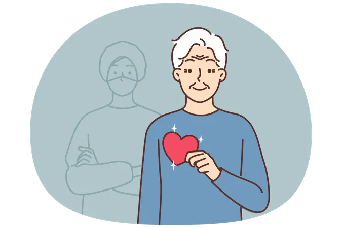 Avô idoso com o coração nas mãos se sente grato  Ilustração