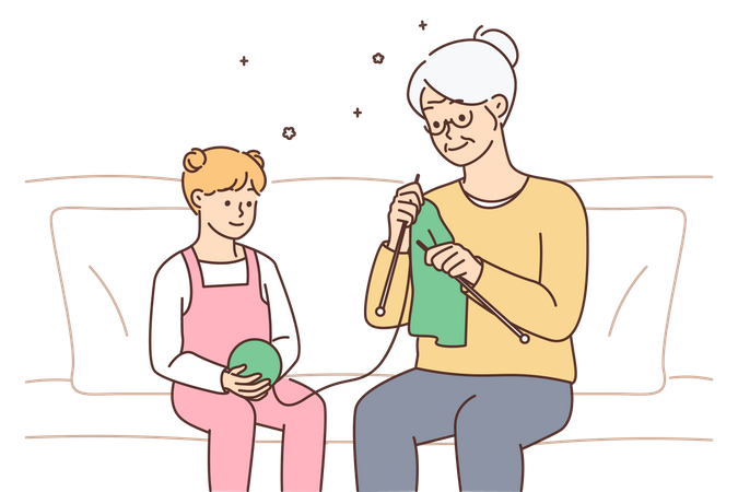Avó tricotando cachecol para menina  Ilustração