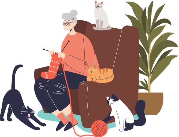 Avó tricotando enquanto está sentada em uma cadeira confortável  Ilustração