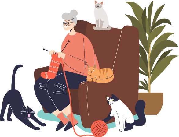Avó tricotando enquanto está sentada em uma cadeira confortável  Ilustração