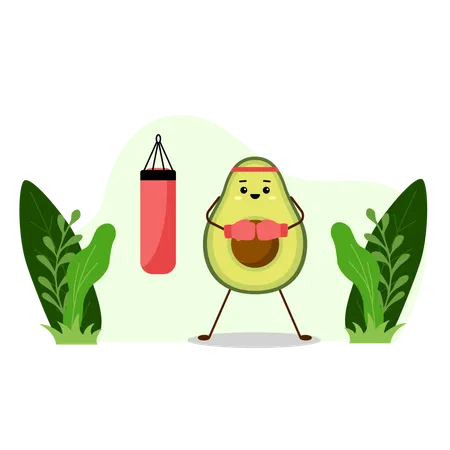 Kick Boxer Avocado With Red Punching Bag Avocado Character Design On White Background Modern Flat Sport Illustration Cute Design For Greeting Cards Stickers Fabric Websites And Prints Illustration