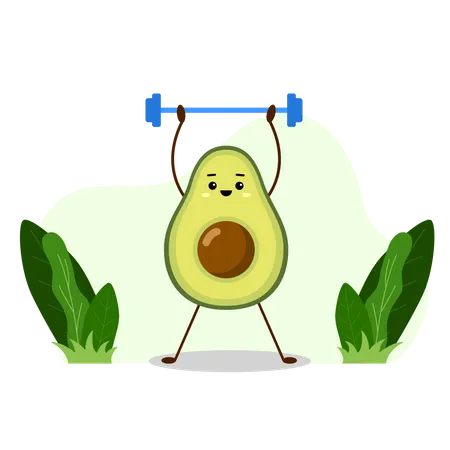 Avocado Sport With Blue Barbell Avocado Character Design On White Background Morning Exercises Cute Illustration For Greeting Cards Stickers Fabric Websites And Prints Illustration