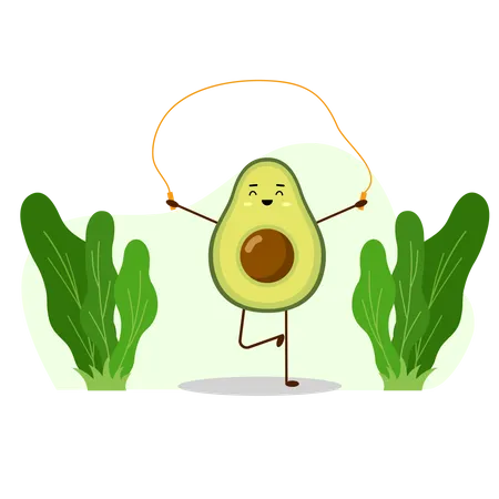 Avocado Sport With Yellow Skipping Rope Avocado Character Design On White Background Morning Exercises Cute Illustration For Greeting Cards Stickers Fabric Websites And Prints Illustration