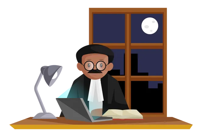 Avocat indien portant des lunettes faisant des recherches sur une affaire sur un ordinateur portable la nuit  Illustration