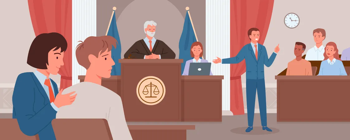 Avocat parlant à un parti adverse au palais de justice  Illustration