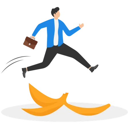 Avoid Business Mistake Or Failure Protect From Accident Or Pitfall Insurance Or Warning In Business Risk And Support In Crisis Concept Confidence Businessman Hero Protect From Slippery Banana Peel Illustration