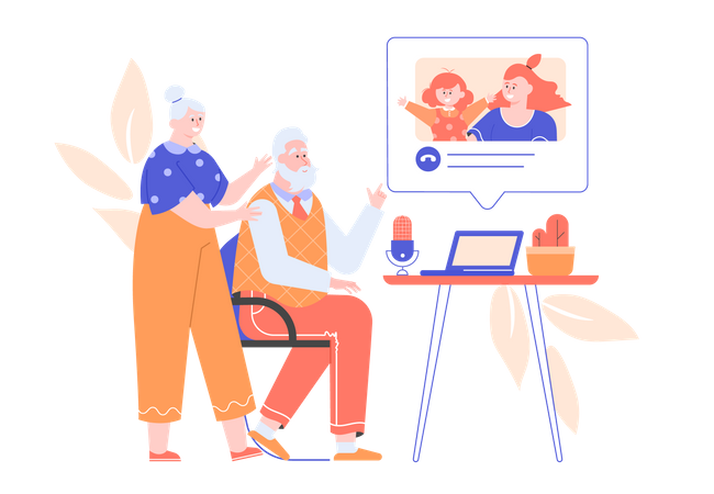 Avós conversando em videochamada com a neta  Ilustração