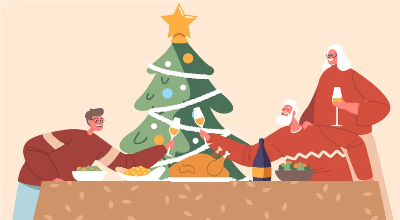 Avós e neto aproveitando o jantar de natal  Ilustração