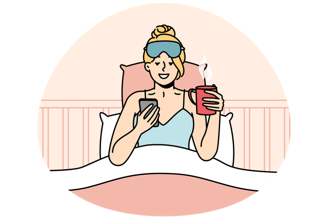 Awakened woman chats on cellphone and drinks coffee  Illustration