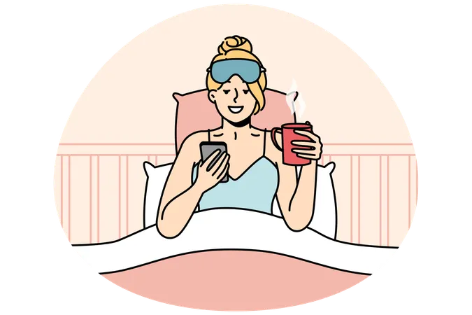 Awakened woman chats on cellphone and drinks coffee  Illustration