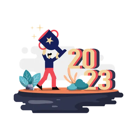 Winner In New Year 2023 Flat Illustration Concept Of Man Carrying Trophy For Victory In Next Year Suitable For Web And Mobile App Design Illustration