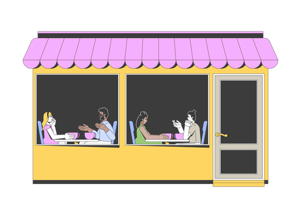 Awning cafe exterior showing customers sitting at tables inside  Illustration