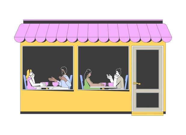 Awning cafe exterior showing customers sitting at tables inside  Illustration