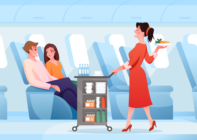 Azafata sirviendo comida a los pasajeros  Ilustración