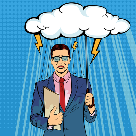 Empresário azarado em pé segurando uma nuvem de guarda-chuva molhada de chuva, infortúnio ou conceito de problemas. Perdeu dinheiro ou negócios, a crise financeira virá. Ilustração em vetor retrô pop art  Ilustração