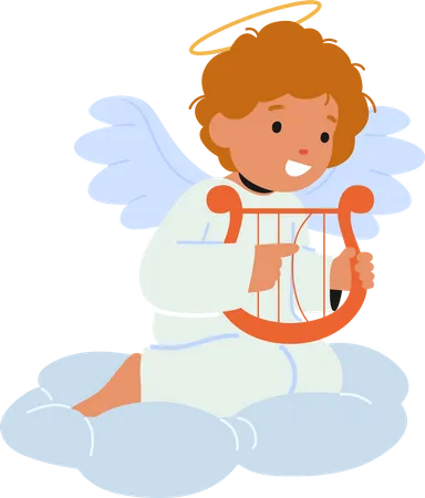 Adorable Baby Angel With Innocent Eyes Tiny Wings And A Cherubic Smile Sitting On Cloud With Harp Radiating Pure Joy And Love Little Child Cupid Character Cartoon People Vector Illustration Illustration