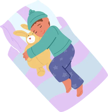 Baby Boy Character Sleeping In A Cozy Bed A Cute Little Child Peacefully Sleeps Hugging Stuffed Animal Dreams Dancing In The Serenity Of The Room Isolated Cartoon People Vector Illustration Illustration