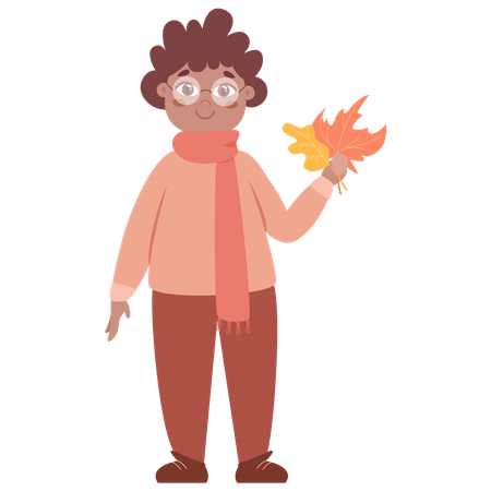 Baby boy holding autumn leaves  イラスト