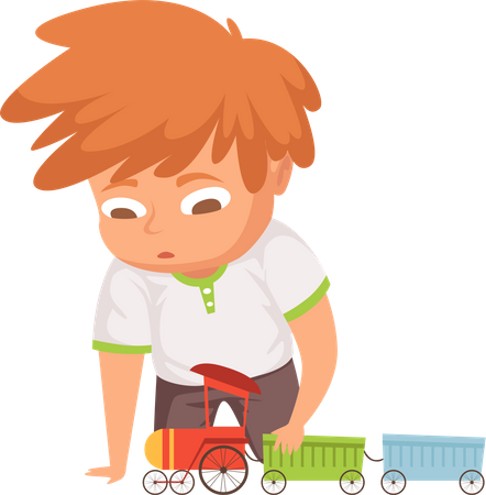 Baby boy play with train toy  イラスト