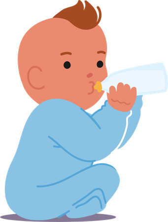 Baby Boy Sitting And Drinking Milk From Bottle  Illustration