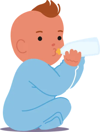 Baby Boy Sitting And Drinking Milk From Bottle  Illustration