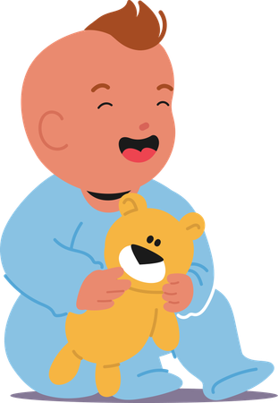 Baby Boy Sitting with Teddy Bear  Illustration