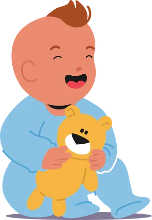 Baby Boy Sitting with Teddy Bear  Illustration