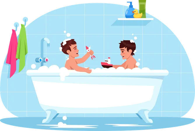 Baby boys play in bathtub Illustration