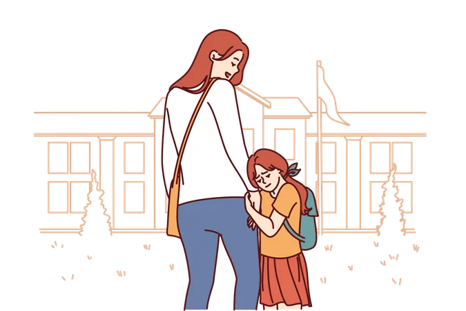Mom Accompanies Daughter In Elementary School Supporting Or Motivating Girl Standing Near Building Of Educational Institution Little Girl Feels Attached To Mother And Does Not Want To Go In School Illustration
