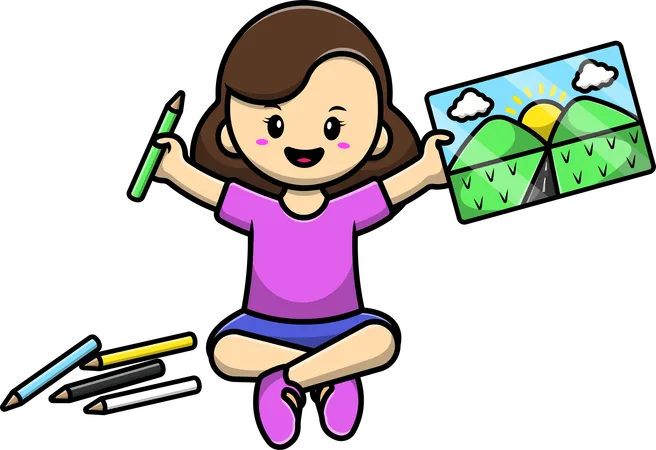 Baby Girl Drawing Mountain With Crayon  Illustration