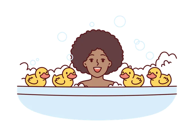 Baby girl is playing with duck toy in bathtub  Illustration