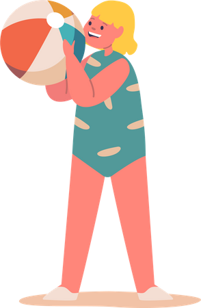 Baby Girl Playing With Ball On Sandy Beach  Illustration