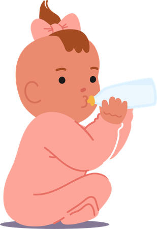 Baby Girl Sitting And Drinking Milk From Bottle  Illustration