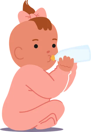 Baby Girl Sitting And Drinking Milk From Bottle  Illustration