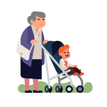 Baby grand kid with grandma are out for a walk Illustration