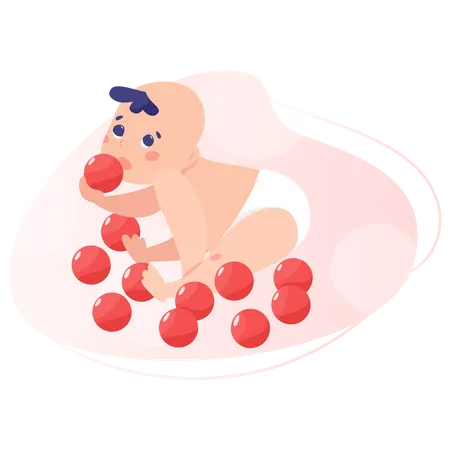 Baby in diaper playing with toys and crawling Illustration