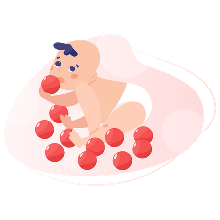 Baby in diaper playing with toys and crawling  イラスト