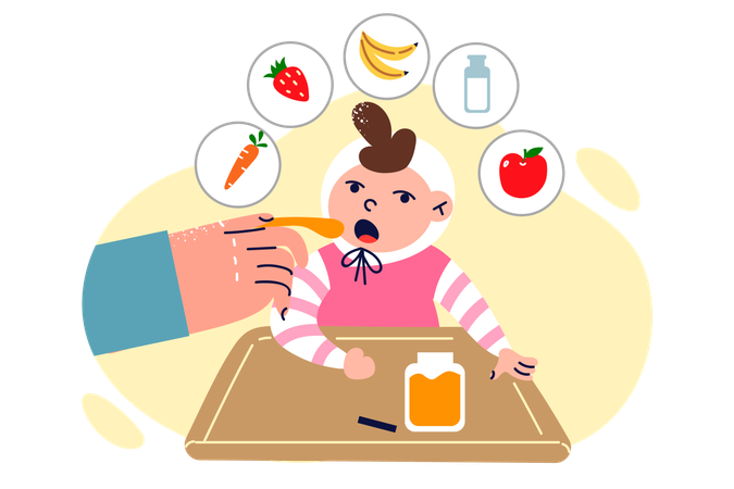 Baby is feed with fruit puree  Illustration
